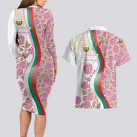 Rose of Bulgaria Couples Matching Long Sleeve Bodycon Dress and Hawaiian Shirt with National Flag Ribbon and Floral Damask Pattern
