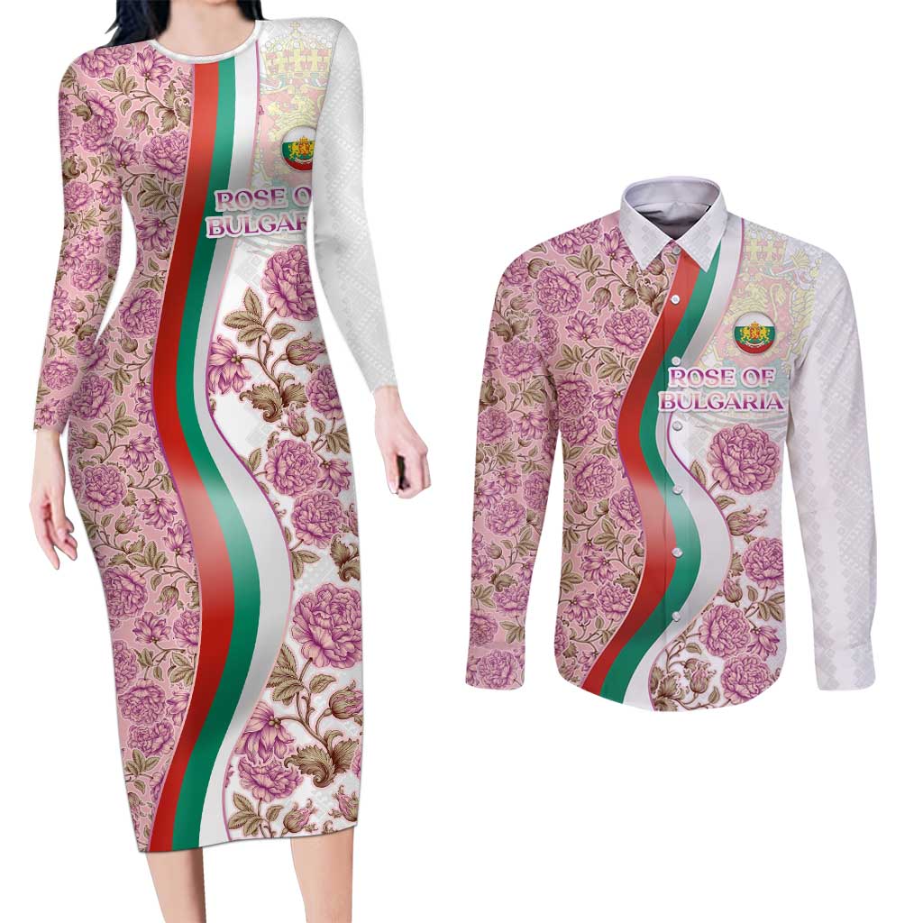 Rose of Bulgaria Couples Matching Long Sleeve Bodycon Dress and Long Sleeve Button Shirt with National Flag Ribbon and Floral Damask Pattern