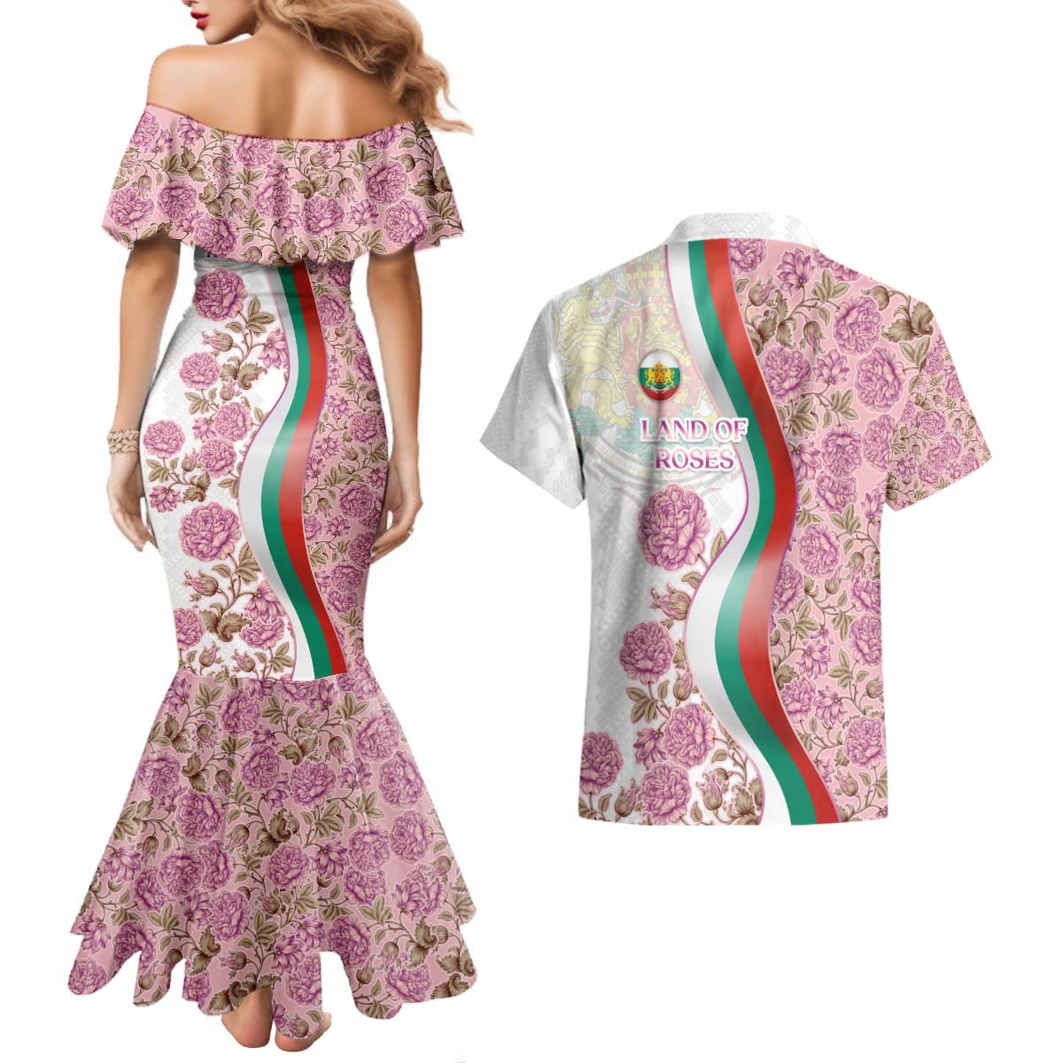 Rose of Bulgaria Couples Matching Mermaid Dress and Hawaiian Shirt with National Flag Ribbon and Floral Damask Pattern