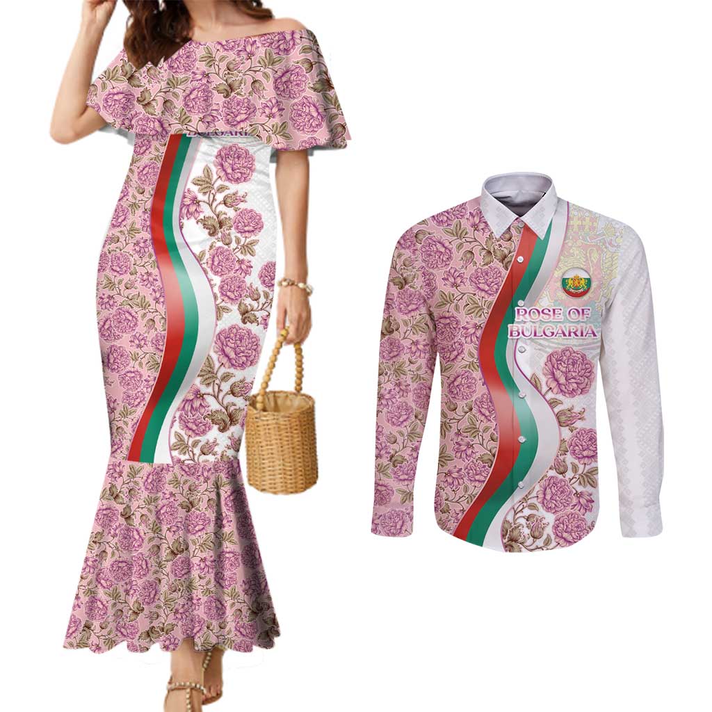 Rose of Bulgaria Couples Matching Mermaid Dress and Long Sleeve Button Shirt with National Flag Ribbon and Floral Damask Pattern