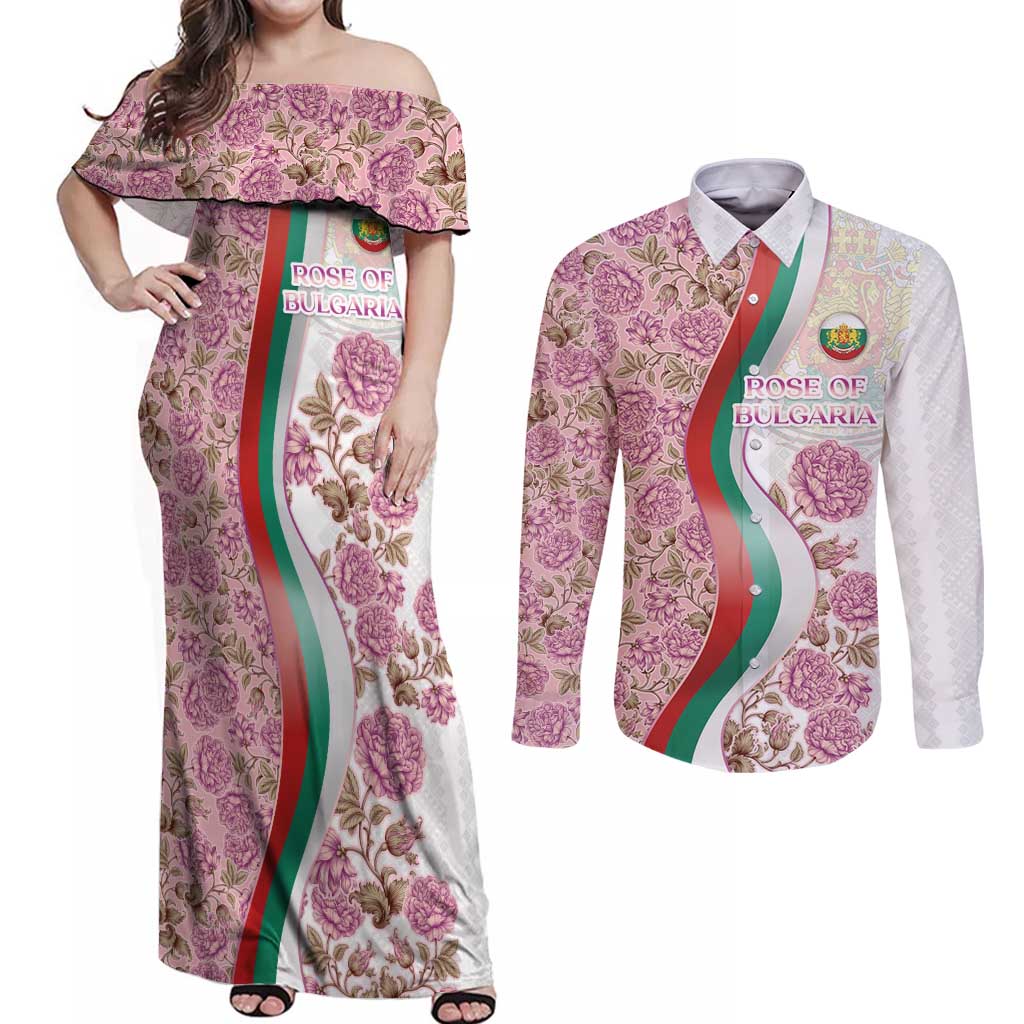 Rose of Bulgaria Couples Matching Off Shoulder Maxi Dress and Long Sleeve Button Shirt with National Flag Ribbon and Floral Damask Pattern