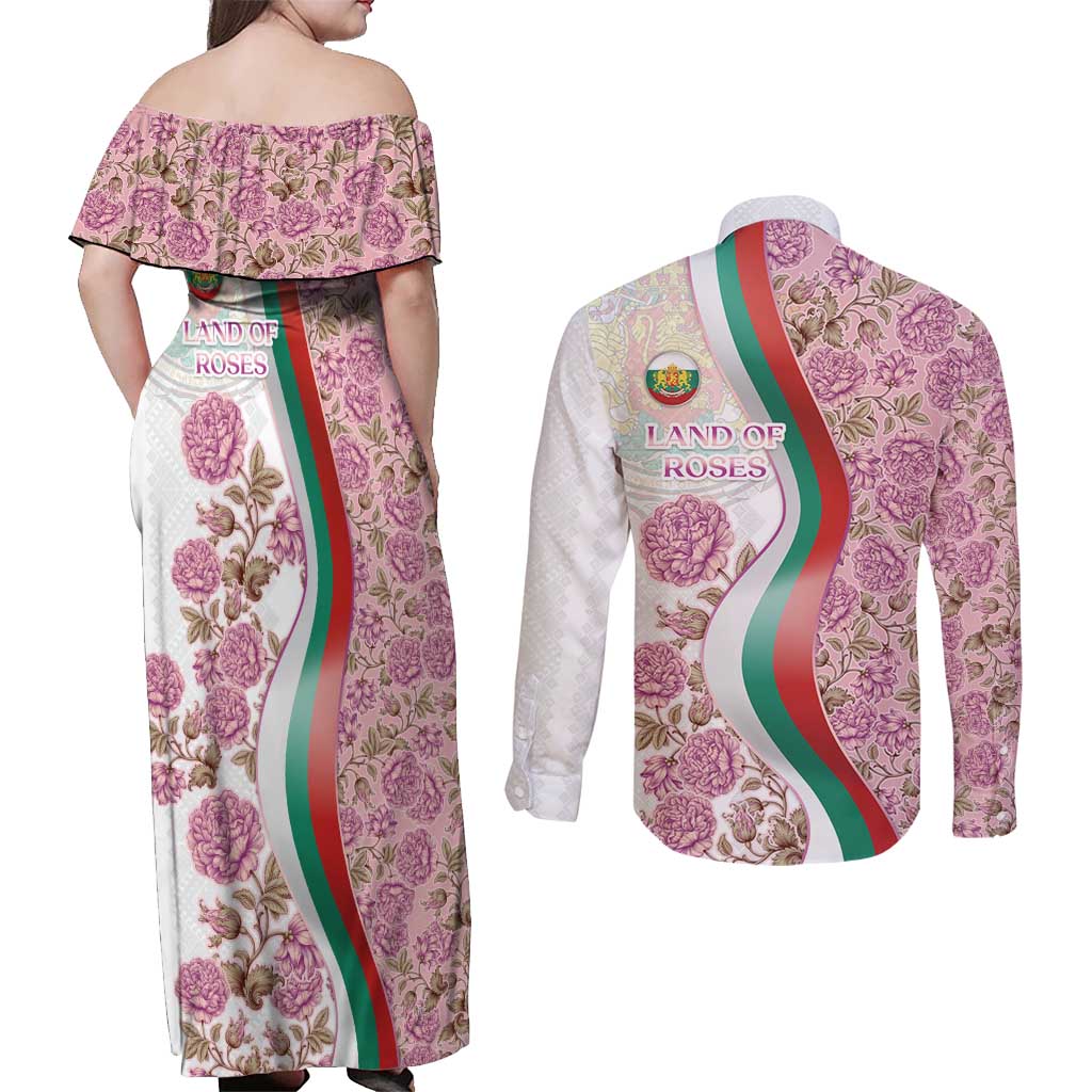Rose of Bulgaria Couples Matching Off Shoulder Maxi Dress and Long Sleeve Button Shirt with National Flag Ribbon and Floral Damask Pattern
