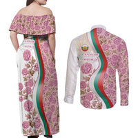 Rose of Bulgaria Couples Matching Off Shoulder Maxi Dress and Long Sleeve Button Shirt with National Flag Ribbon and Floral Damask Pattern