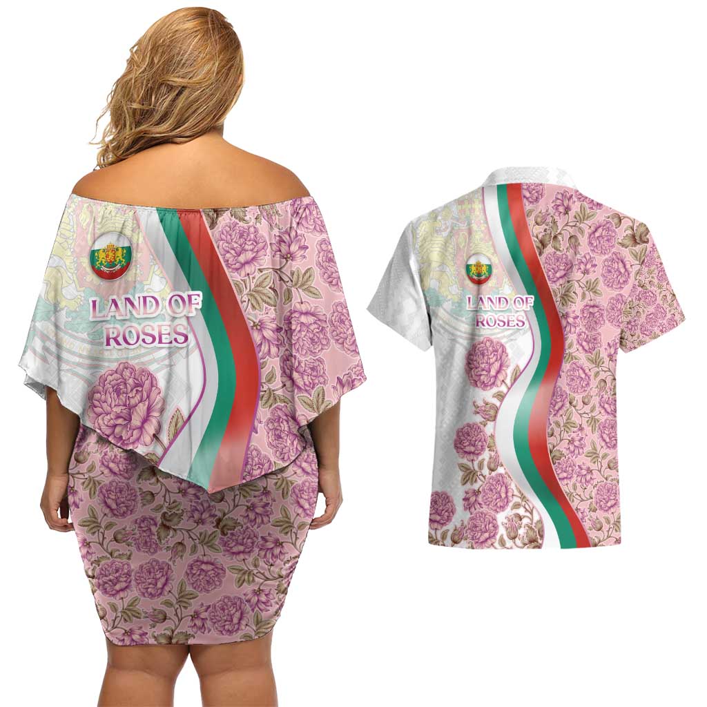 Rose of Bulgaria Couples Matching Off Shoulder Short Dress and Hawaiian Shirt with National Flag Ribbon and Floral Damask Pattern
