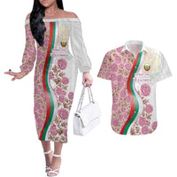 Rose of Bulgaria Couples Matching Off The Shoulder Long Sleeve Dress and Hawaiian Shirt with National Flag Ribbon and Floral Damask Pattern