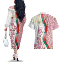 Rose of Bulgaria Couples Matching Off The Shoulder Long Sleeve Dress and Hawaiian Shirt with National Flag Ribbon and Floral Damask Pattern