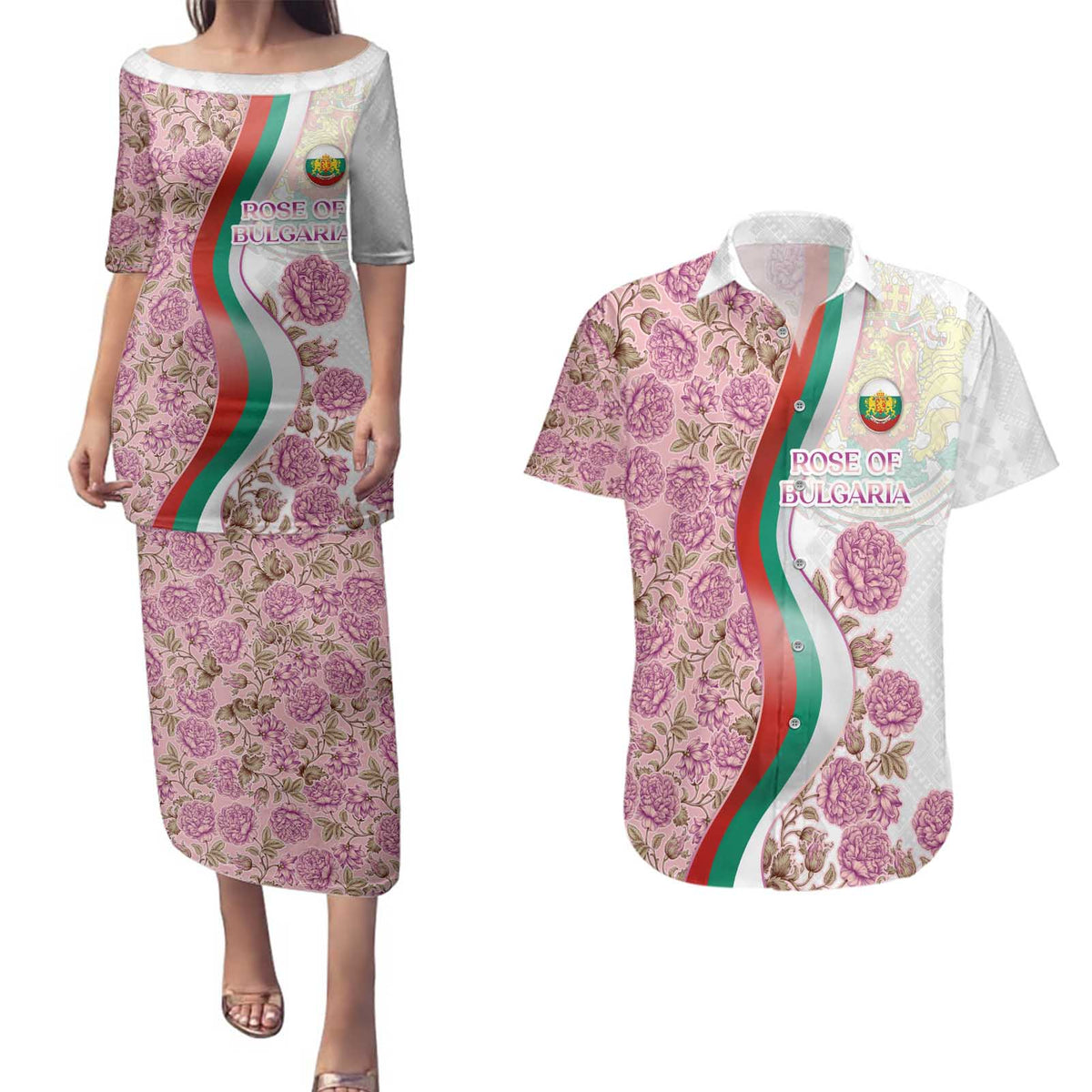 Rose of Bulgaria Couples Matching Puletasi and Hawaiian Shirt with National Flag Ribbon and Floral Damask Pattern