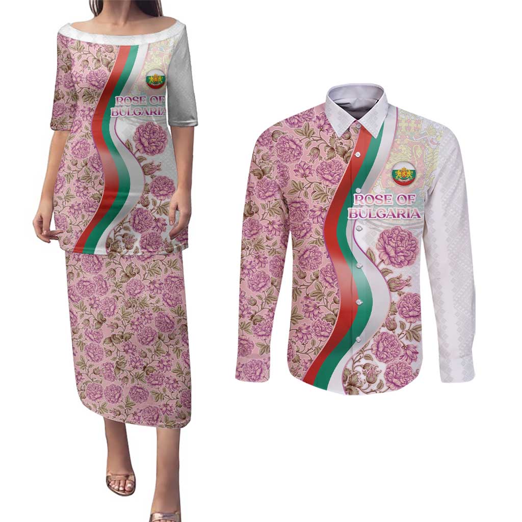 Rose of Bulgaria Couples Matching Puletasi and Long Sleeve Button Shirt with National Flag Ribbon and Floral Damask Pattern