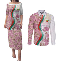 Rose of Bulgaria Couples Matching Puletasi and Long Sleeve Button Shirt with National Flag Ribbon and Floral Damask Pattern