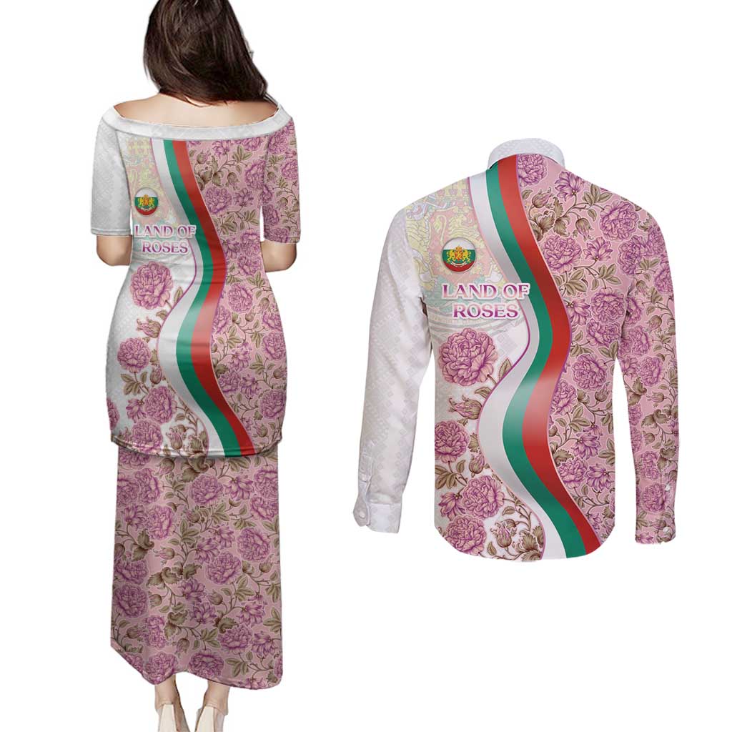 Rose of Bulgaria Couples Matching Puletasi and Long Sleeve Button Shirt with National Flag Ribbon and Floral Damask Pattern