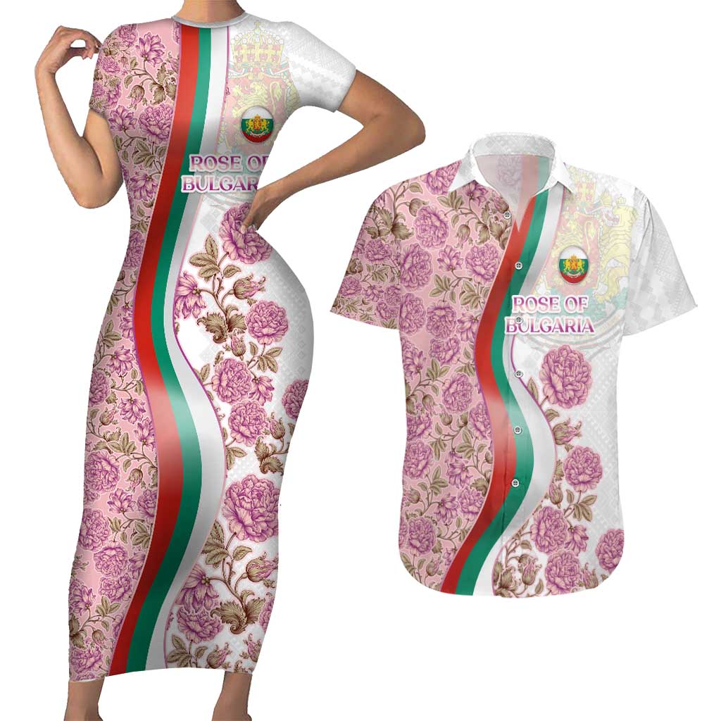 Rose of Bulgaria Couples Matching Short Sleeve Bodycon Dress and Hawaiian Shirt with National Flag Ribbon and Floral Damask Pattern