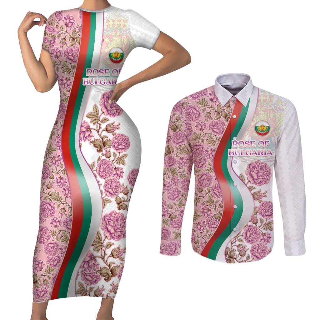 Rose of Bulgaria Couples Matching Short Sleeve Bodycon Dress and Long Sleeve Button Shirt with National Flag Ribbon and Floral Damask Pattern