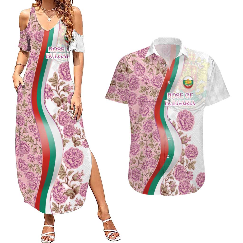 Rose of Bulgaria Couples Matching Summer Maxi Dress and Hawaiian Shirt with National Flag Ribbon and Floral Damask Pattern
