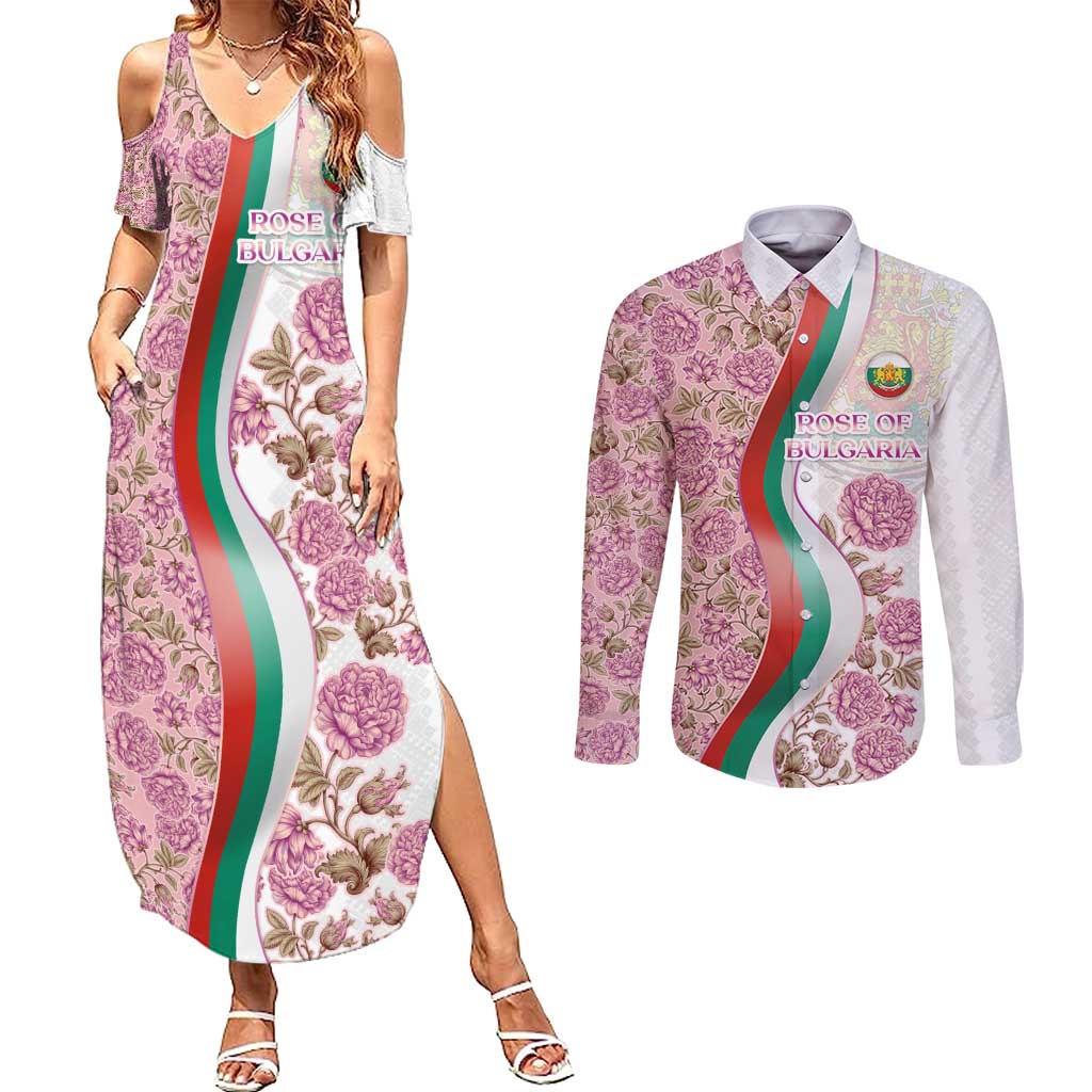 Rose of Bulgaria Couples Matching Summer Maxi Dress and Long Sleeve Button Shirt with National Flag Ribbon and Floral Damask Pattern