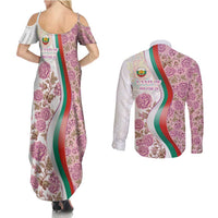 Rose of Bulgaria Couples Matching Summer Maxi Dress and Long Sleeve Button Shirt with National Flag Ribbon and Floral Damask Pattern