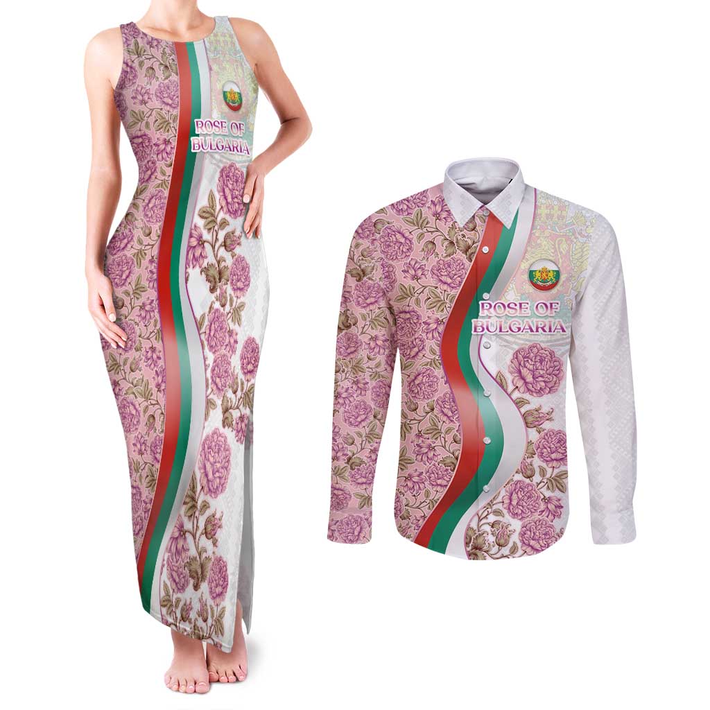 Rose of Bulgaria Couples Matching Tank Maxi Dress and Long Sleeve Button Shirt with National Flag Ribbon and Floral Damask Pattern