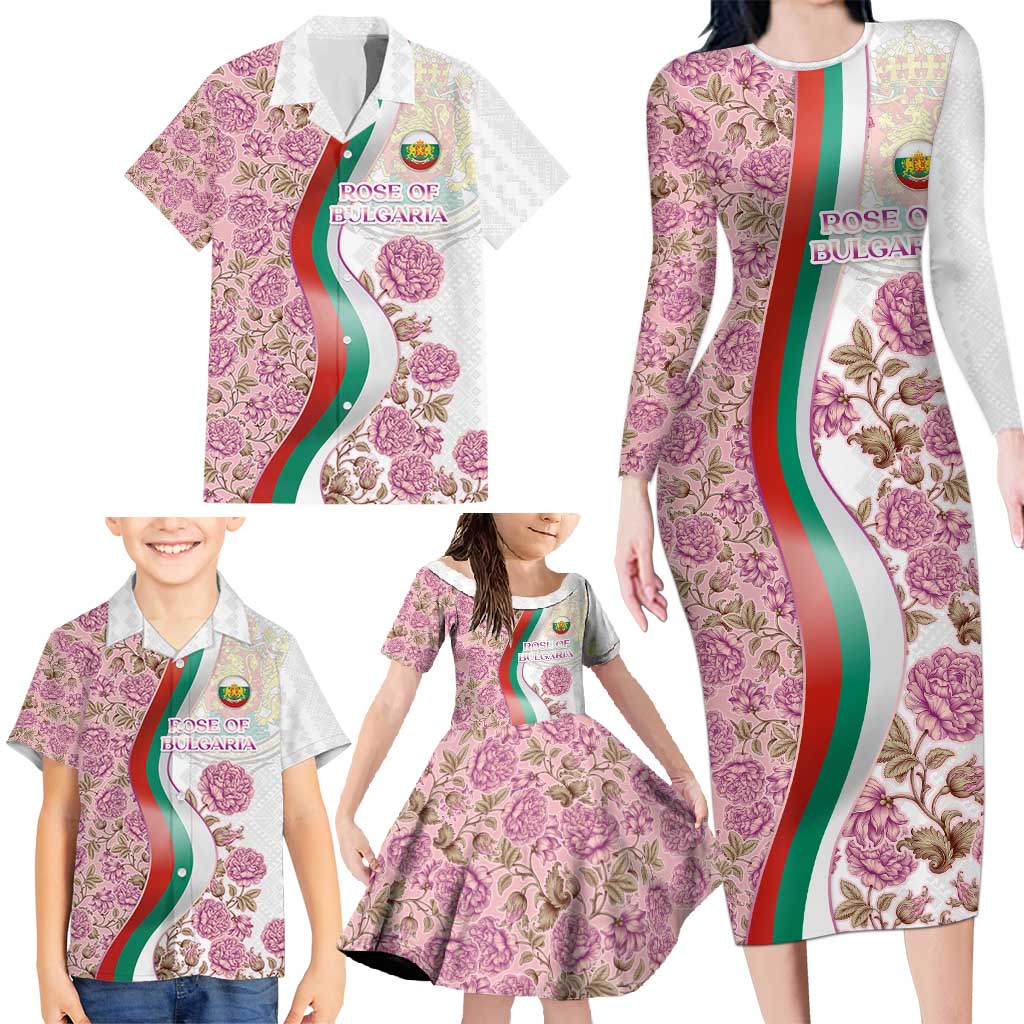Rose of Bulgaria Family Matching Long Sleeve Bodycon Dress and Hawaiian Shirt with National Flag Ribbon and Floral Damask Pattern
