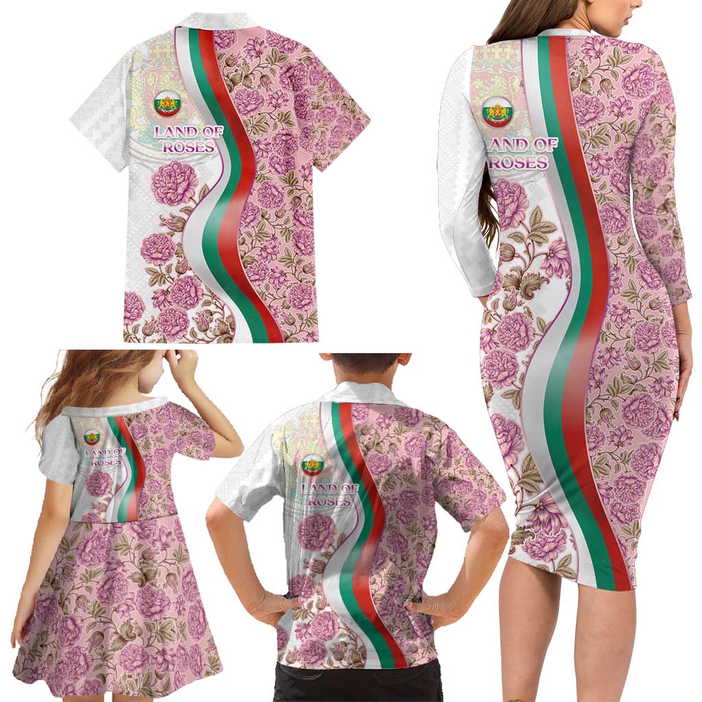 Rose of Bulgaria Family Matching Long Sleeve Bodycon Dress and Hawaiian Shirt with National Flag Ribbon and Floral Damask Pattern