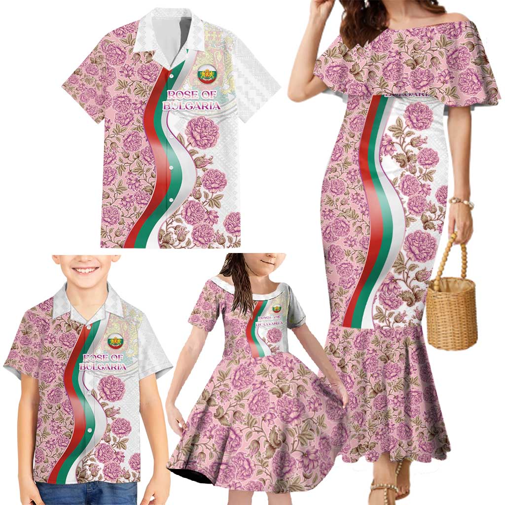 Rose of Bulgaria Family Matching Mermaid Dress and Hawaiian Shirt with National Flag Ribbon and Floral Damask Pattern
