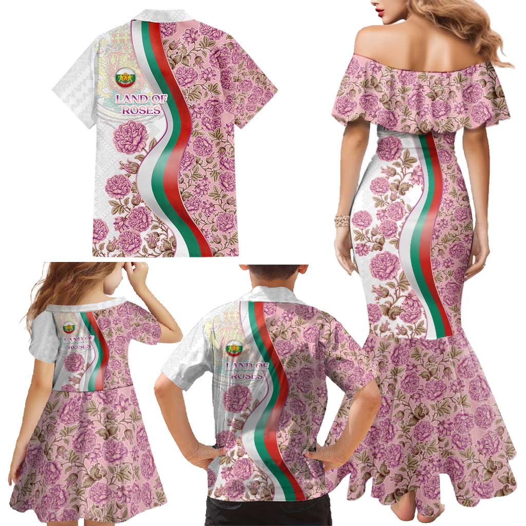 Rose of Bulgaria Family Matching Mermaid Dress and Hawaiian Shirt with National Flag Ribbon and Floral Damask Pattern