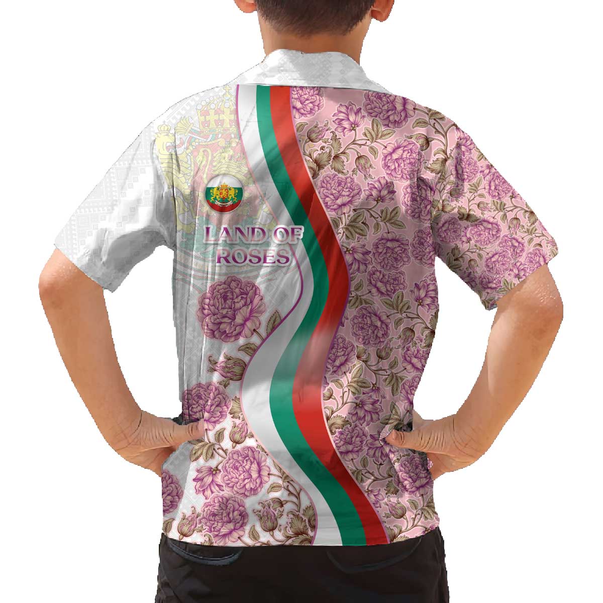 Rose of Bulgaria Family Matching Off The Shoulder Long Sleeve Dress and Hawaiian Shirt with National Flag Ribbon and Floral Damask Pattern