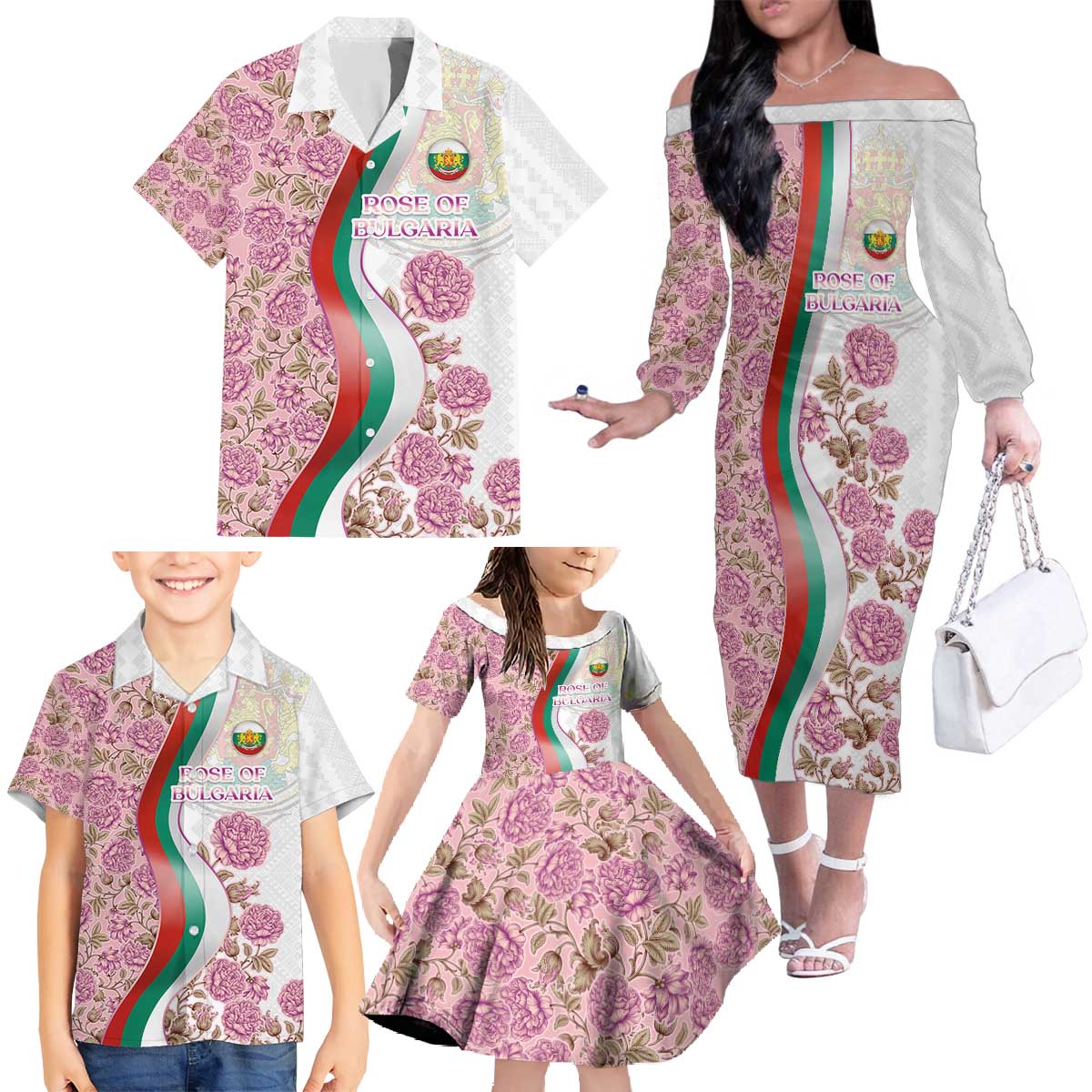 Rose of Bulgaria Family Matching Off The Shoulder Long Sleeve Dress and Hawaiian Shirt with National Flag Ribbon and Floral Damask Pattern
