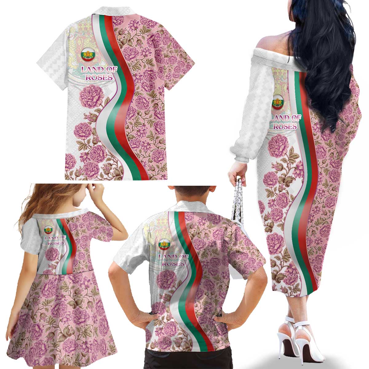 Rose of Bulgaria Family Matching Off The Shoulder Long Sleeve Dress and Hawaiian Shirt with National Flag Ribbon and Floral Damask Pattern