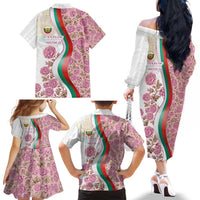 Rose of Bulgaria Family Matching Off The Shoulder Long Sleeve Dress and Hawaiian Shirt with National Flag Ribbon and Floral Damask Pattern