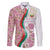 Rose of Bulgaria Family Matching Off The Shoulder Long Sleeve Dress and Hawaiian Shirt with National Flag Ribbon and Floral Damask Pattern