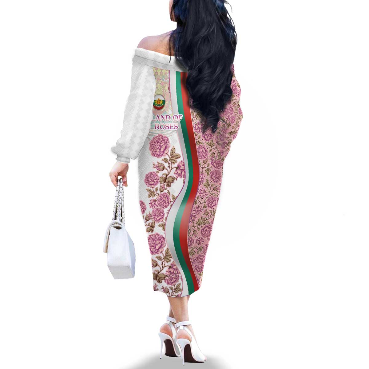 Rose of Bulgaria Family Matching Off The Shoulder Long Sleeve Dress and Hawaiian Shirt with National Flag Ribbon and Floral Damask Pattern