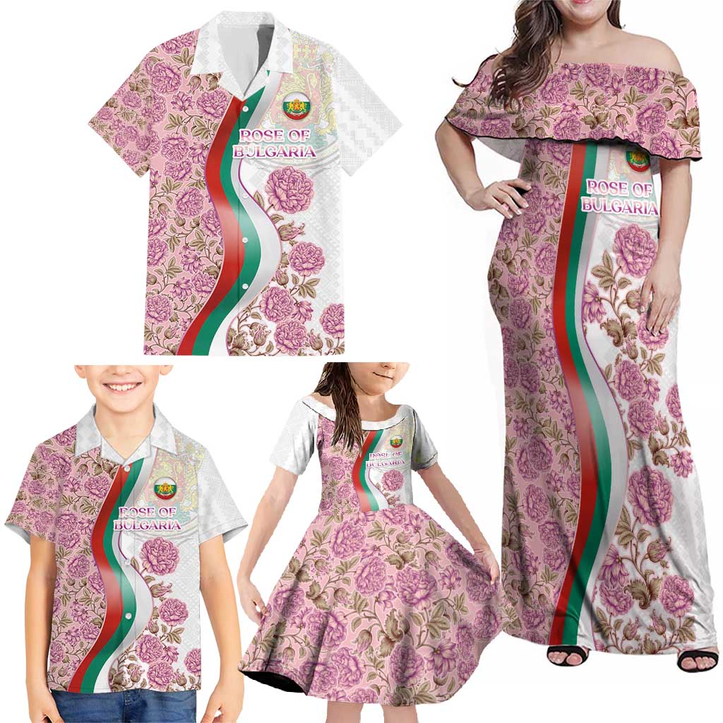 Rose of Bulgaria Family Matching Off Shoulder Maxi Dress and Hawaiian Shirt with National Flag Ribbon and Floral Damask Pattern
