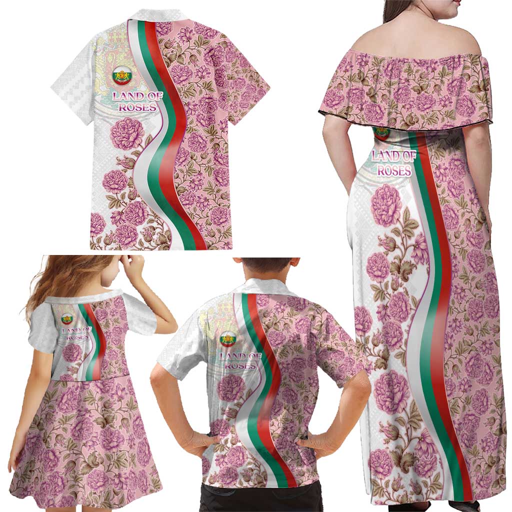 Rose of Bulgaria Family Matching Off Shoulder Maxi Dress and Hawaiian Shirt with National Flag Ribbon and Floral Damask Pattern