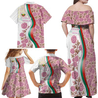Rose of Bulgaria Family Matching Off Shoulder Maxi Dress and Hawaiian Shirt with National Flag Ribbon and Floral Damask Pattern
