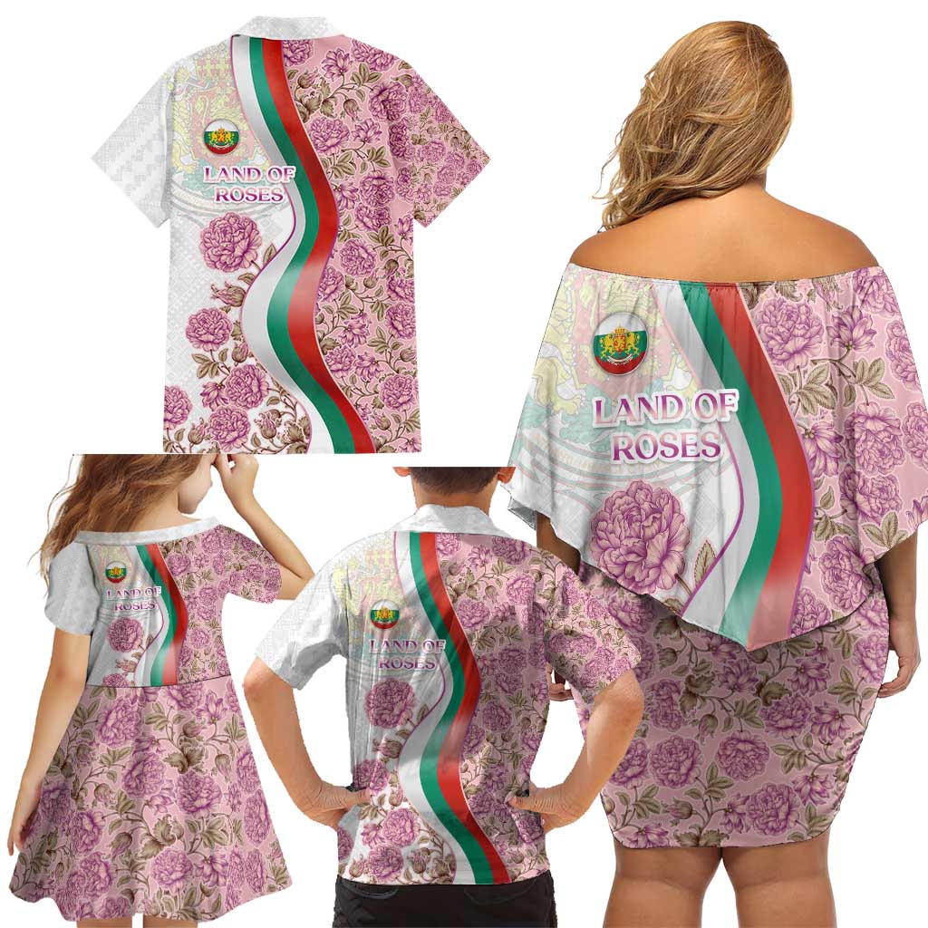 Rose of Bulgaria Family Matching Off Shoulder Short Dress and Hawaiian Shirt with National Flag Ribbon and Floral Damask Pattern