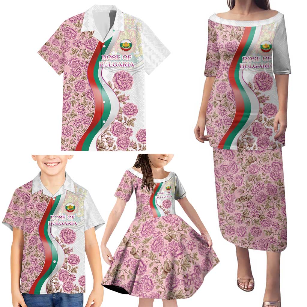 Rose of Bulgaria Family Matching Puletasi and Hawaiian Shirt with National Flag Ribbon and Floral Damask Pattern