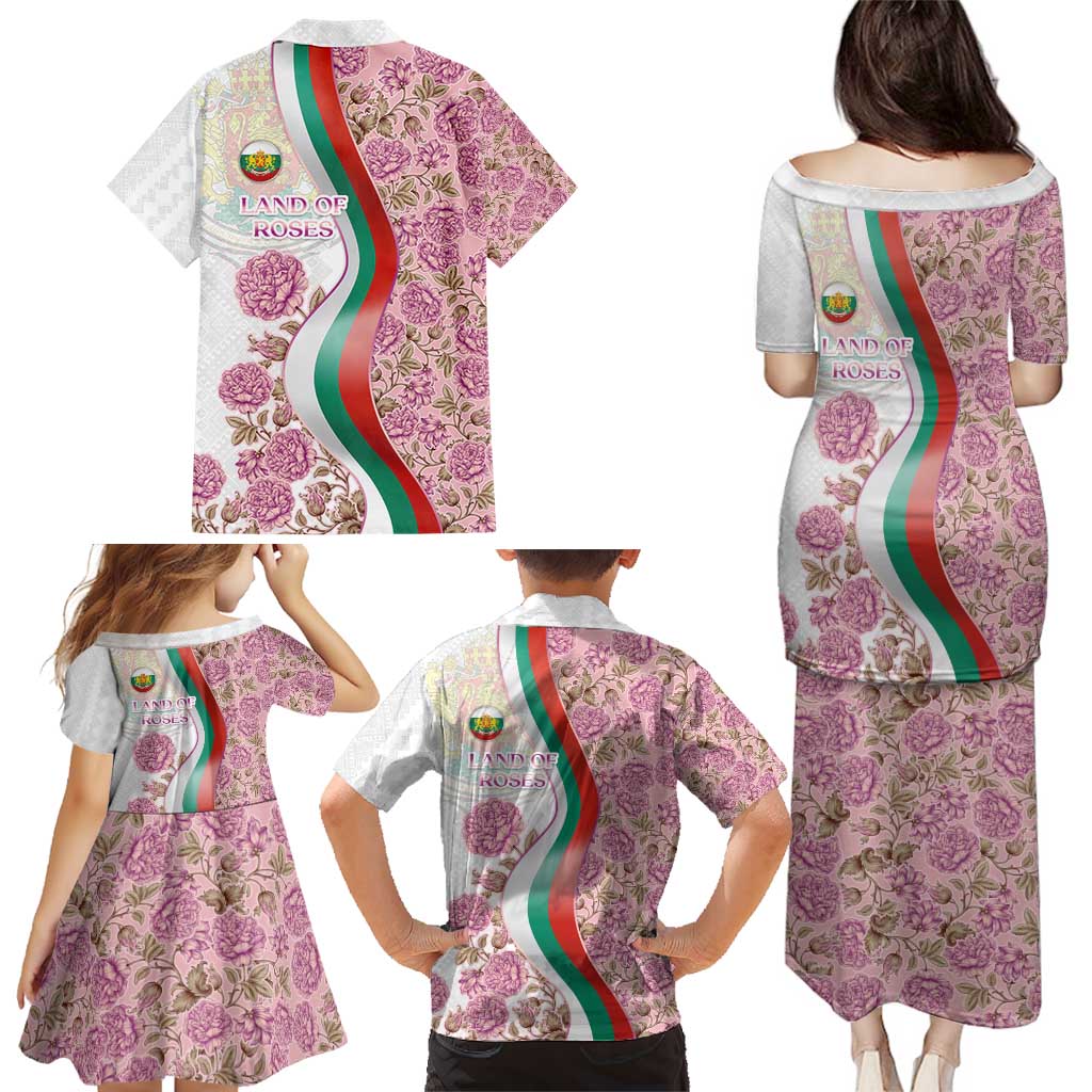 Rose of Bulgaria Family Matching Puletasi and Hawaiian Shirt with National Flag Ribbon and Floral Damask Pattern