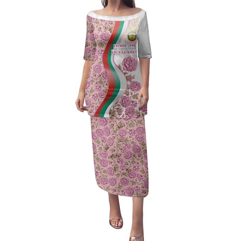 Rose of Bulgaria Family Matching Puletasi and Hawaiian Shirt with National Flag Ribbon and Floral Damask Pattern