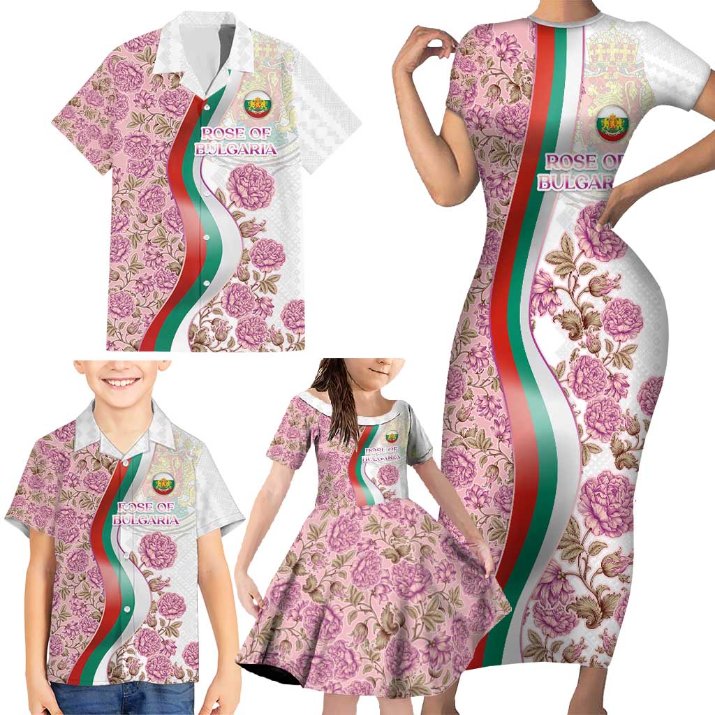 Rose of Bulgaria Family Matching Short Sleeve Bodycon Dress and Hawaiian Shirt with National Flag Ribbon and Floral Damask Pattern