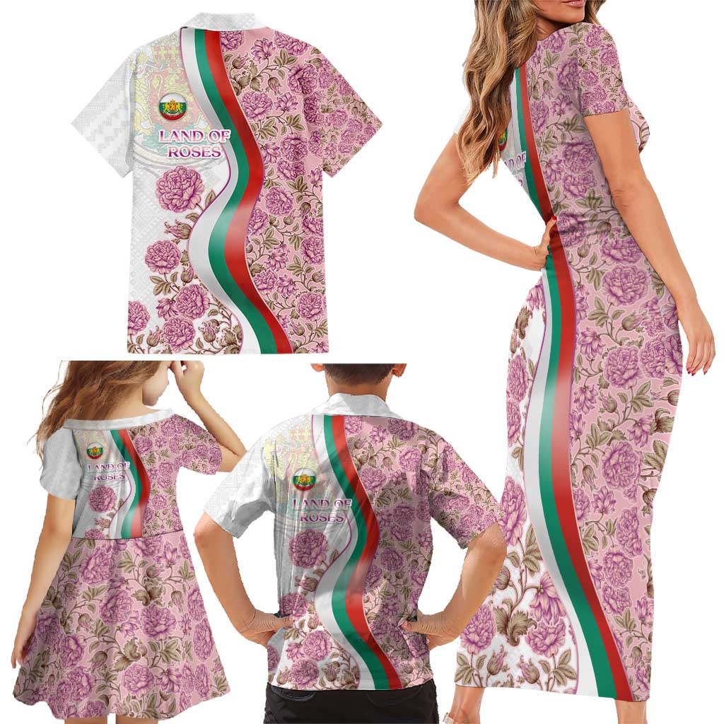 Rose of Bulgaria Family Matching Short Sleeve Bodycon Dress and Hawaiian Shirt with National Flag Ribbon and Floral Damask Pattern