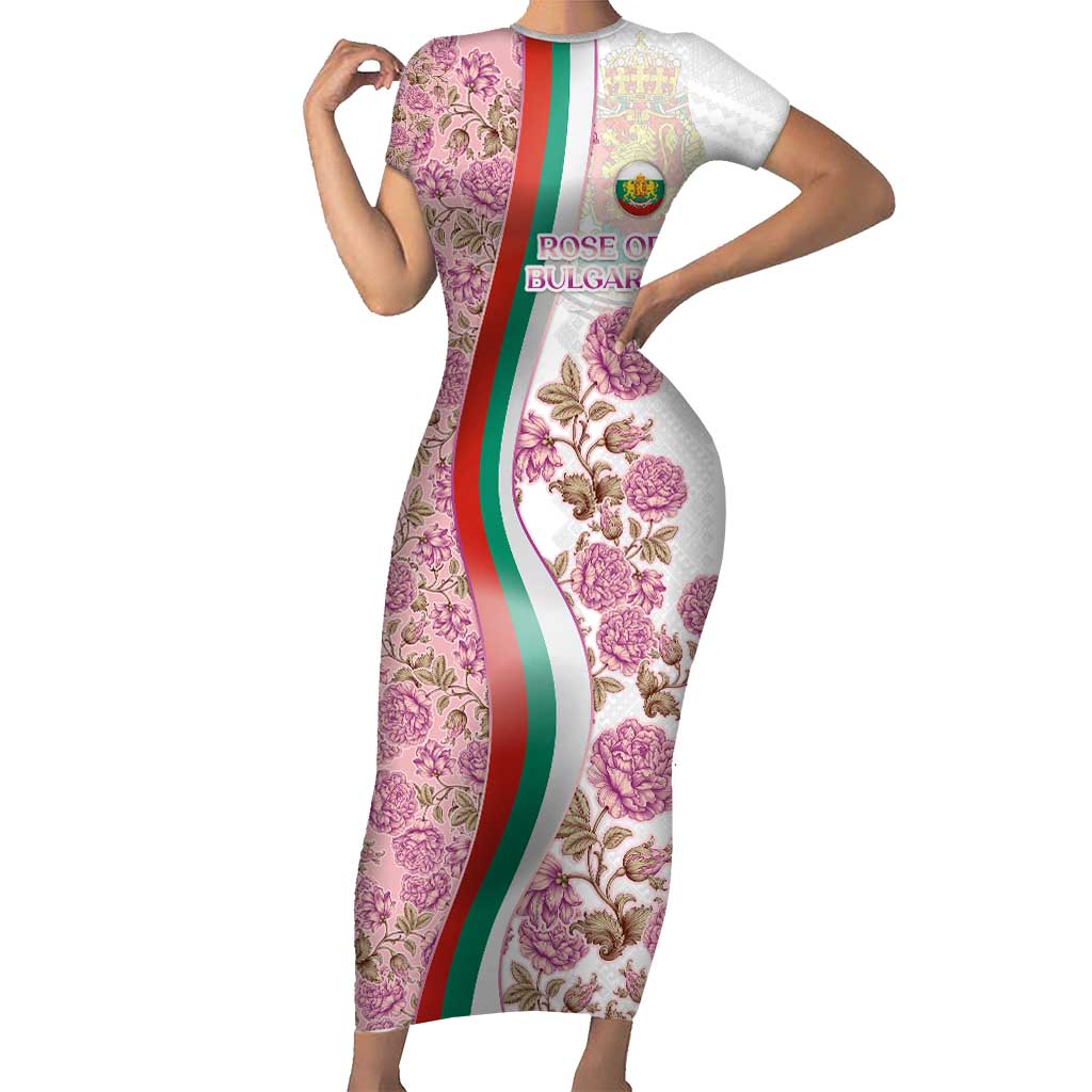 Rose of Bulgaria Family Matching Short Sleeve Bodycon Dress and Hawaiian Shirt with National Flag Ribbon and Floral Damask Pattern
