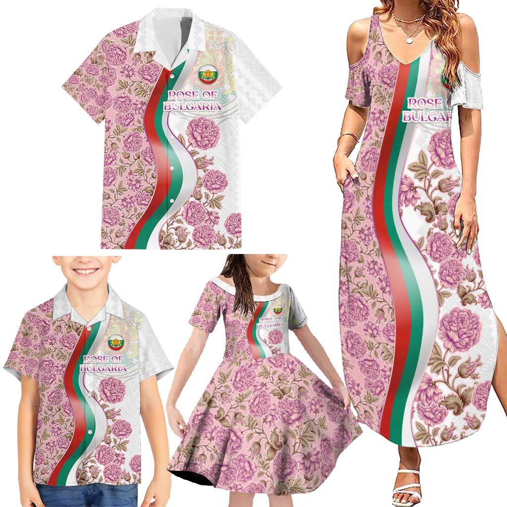 Rose of Bulgaria Family Matching Summer Maxi Dress and Hawaiian Shirt with National Flag Ribbon and Floral Damask Pattern