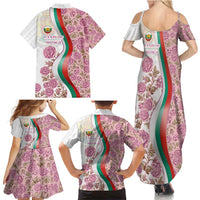 Rose of Bulgaria Family Matching Summer Maxi Dress and Hawaiian Shirt with National Flag Ribbon and Floral Damask Pattern