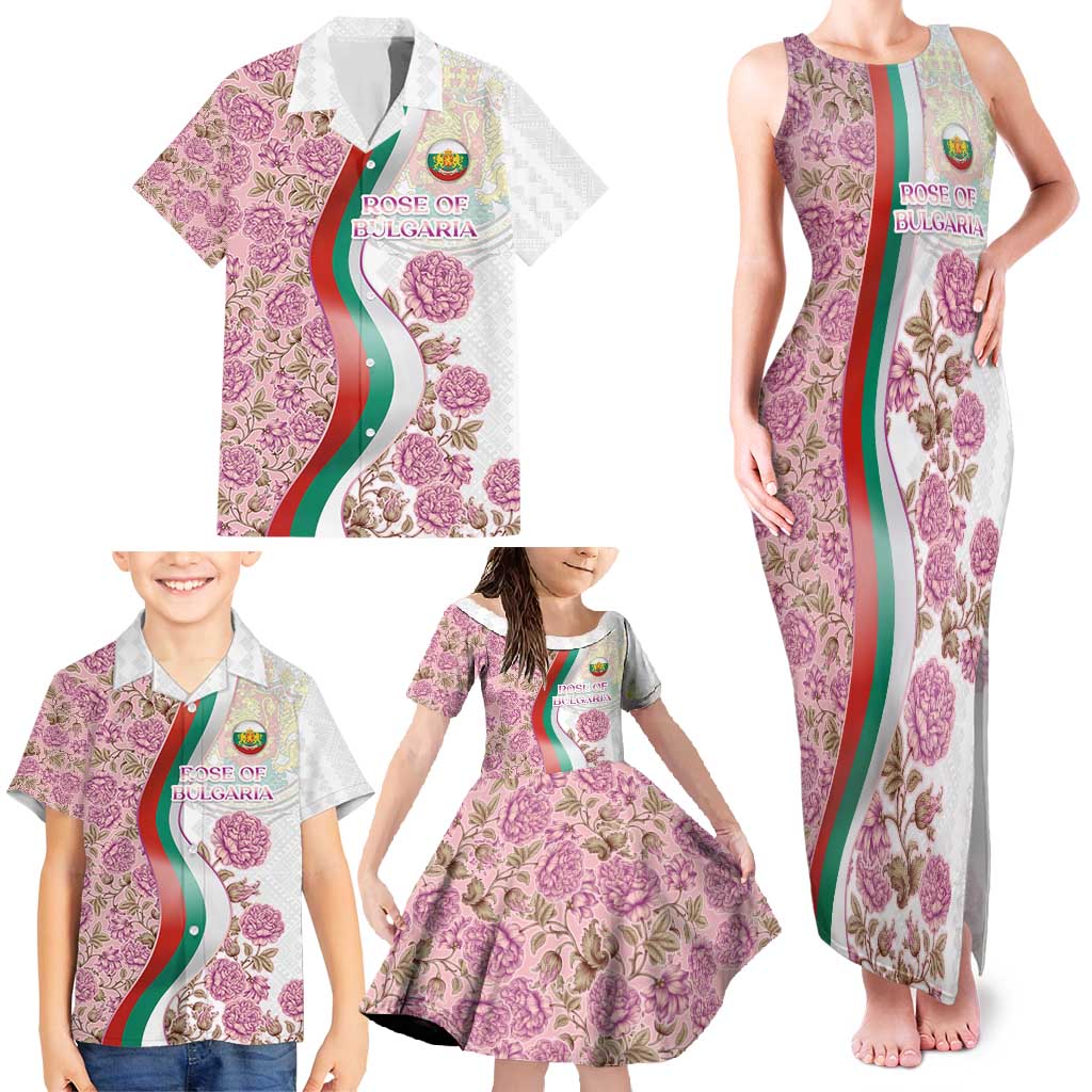 Rose of Bulgaria Family Matching Tank Maxi Dress and Hawaiian Shirt with National Flag Ribbon and Floral Damask Pattern