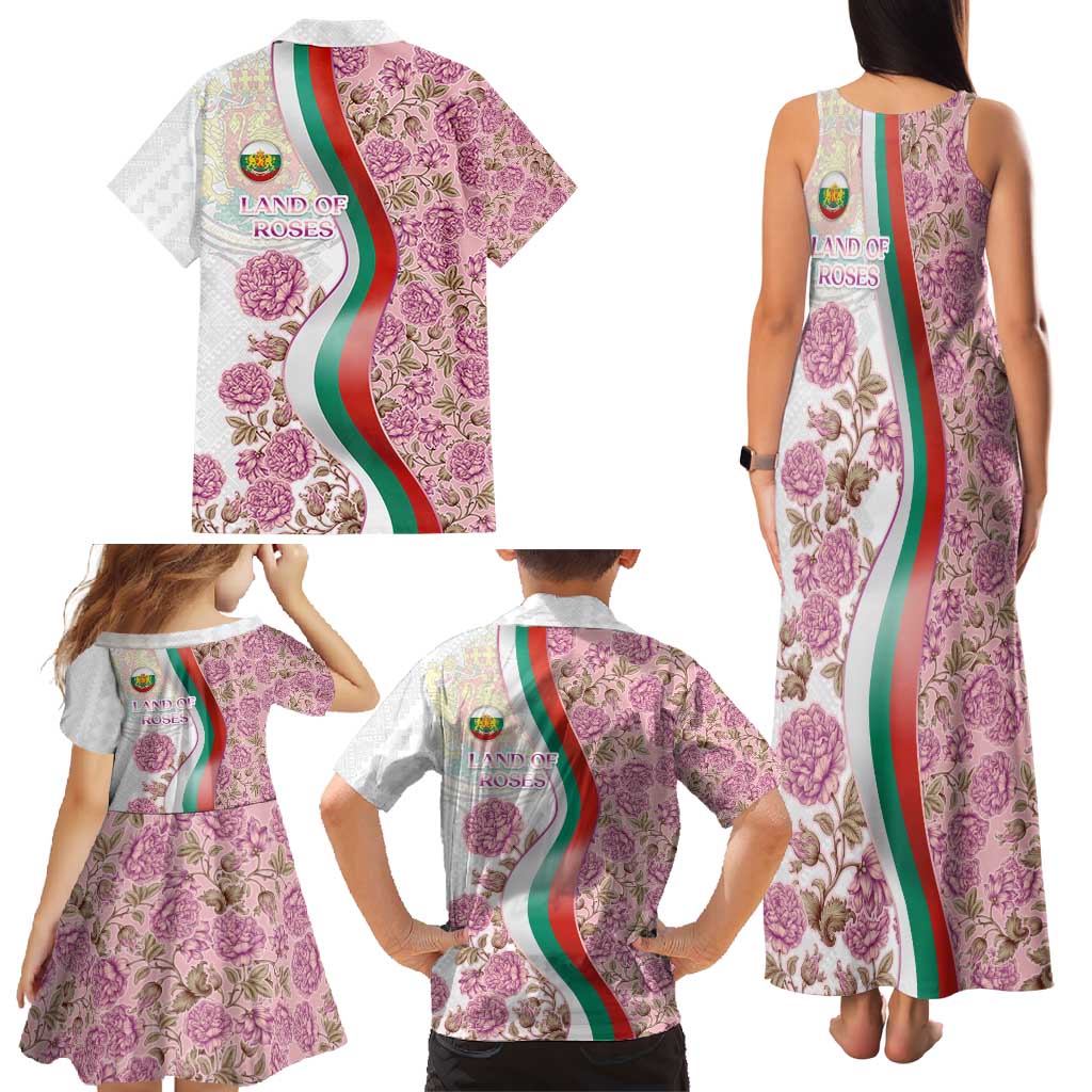 Rose of Bulgaria Family Matching Tank Maxi Dress and Hawaiian Shirt with National Flag Ribbon and Floral Damask Pattern