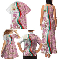 Rose of Bulgaria Family Matching Tank Maxi Dress and Hawaiian Shirt with National Flag Ribbon and Floral Damask Pattern
