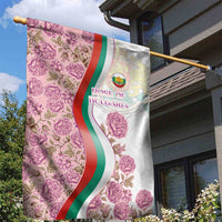 Rose of Bulgaria Garden Flag with National Flag Ribbon and Floral Damask Pattern