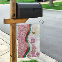 Rose of Bulgaria Garden Flag with National Flag Ribbon and Floral Damask Pattern