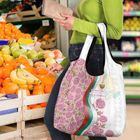 Rose of Bulgaria Grocery Bag with National Flag Ribbon and Floral Damask Pattern