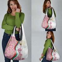 Rose of Bulgaria Grocery Bag with National Flag Ribbon and Floral Damask Pattern