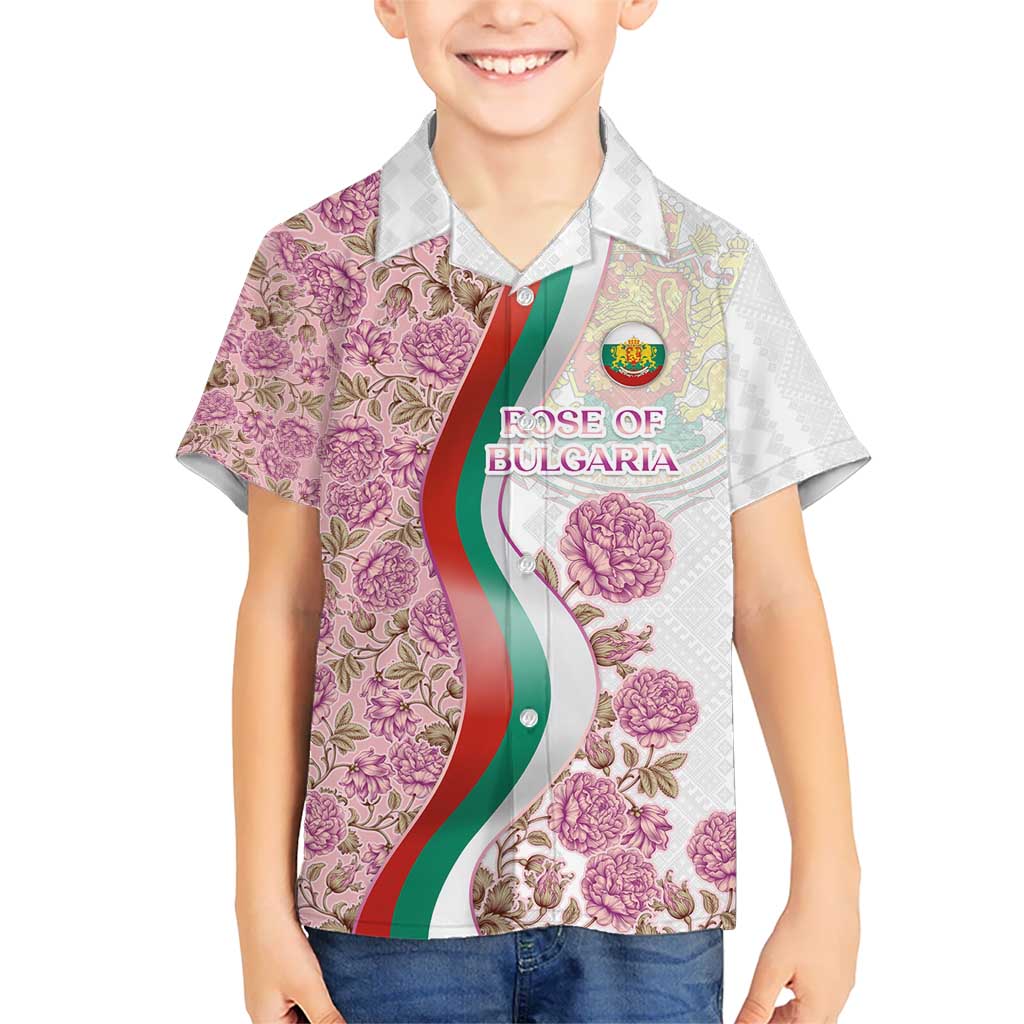 Rose of Bulgaria Kid Hawaiian Shirt with National Flag Ribbon and Floral Damask Pattern